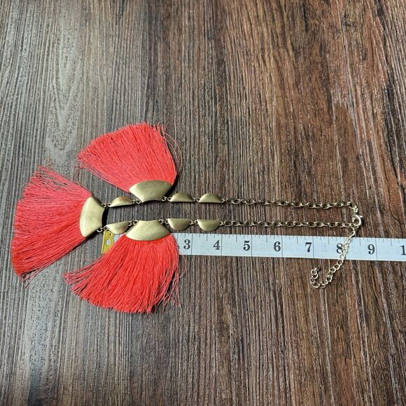 Goldtone Neon Coral Red Fan Fringe Statement Necklace 3 Tassel Adjustable 17-21” - Picture 9 of 13